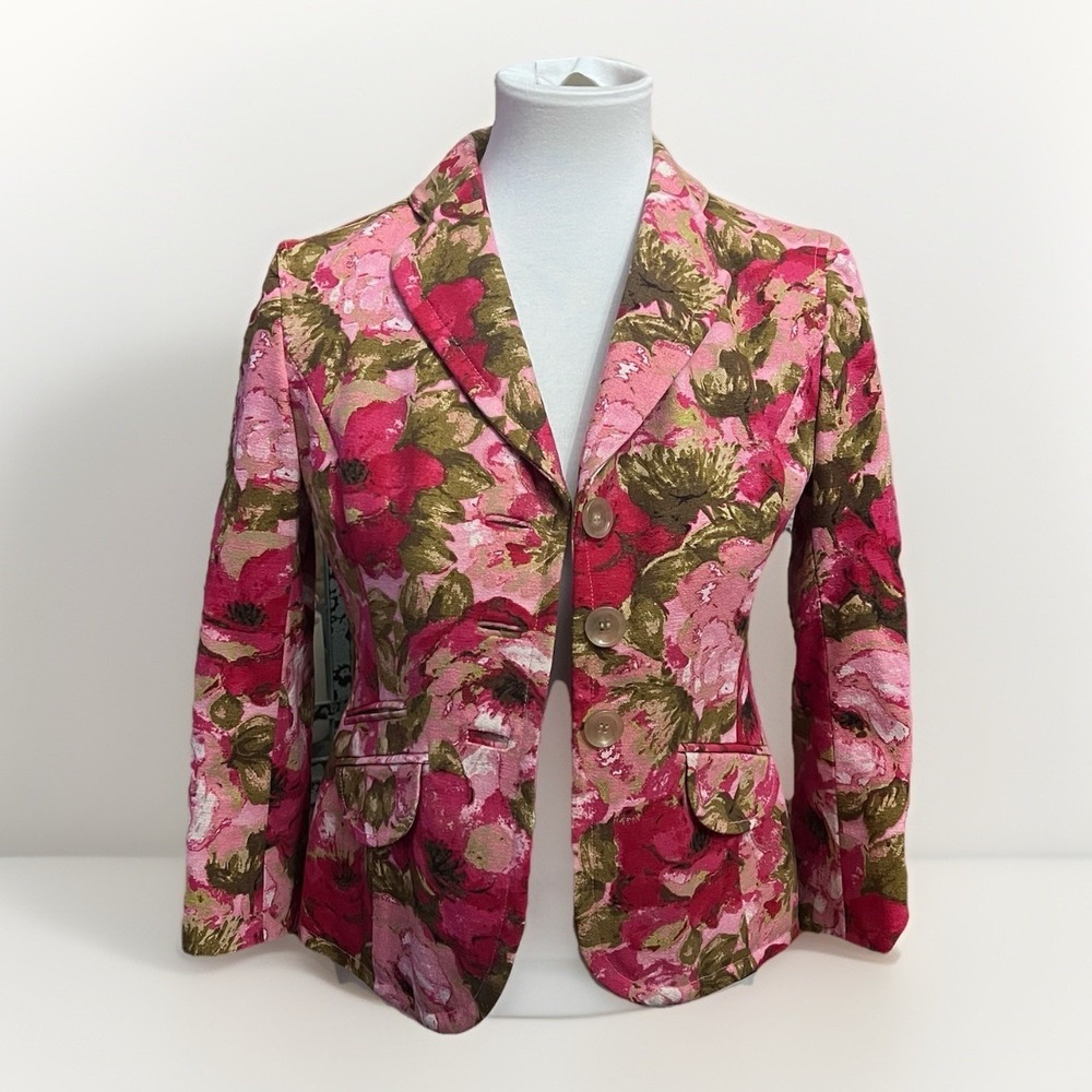 ANN TAYLOR $169 PINK RED ROSES  FLORAL PRINT LONG SLEEVE SILK JACKET SZ 0P